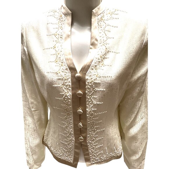 Papell Petites 4P Ivory Silk Beaded Jacket Textured Vintage Cocktail City Chic - Picture 7 of 12